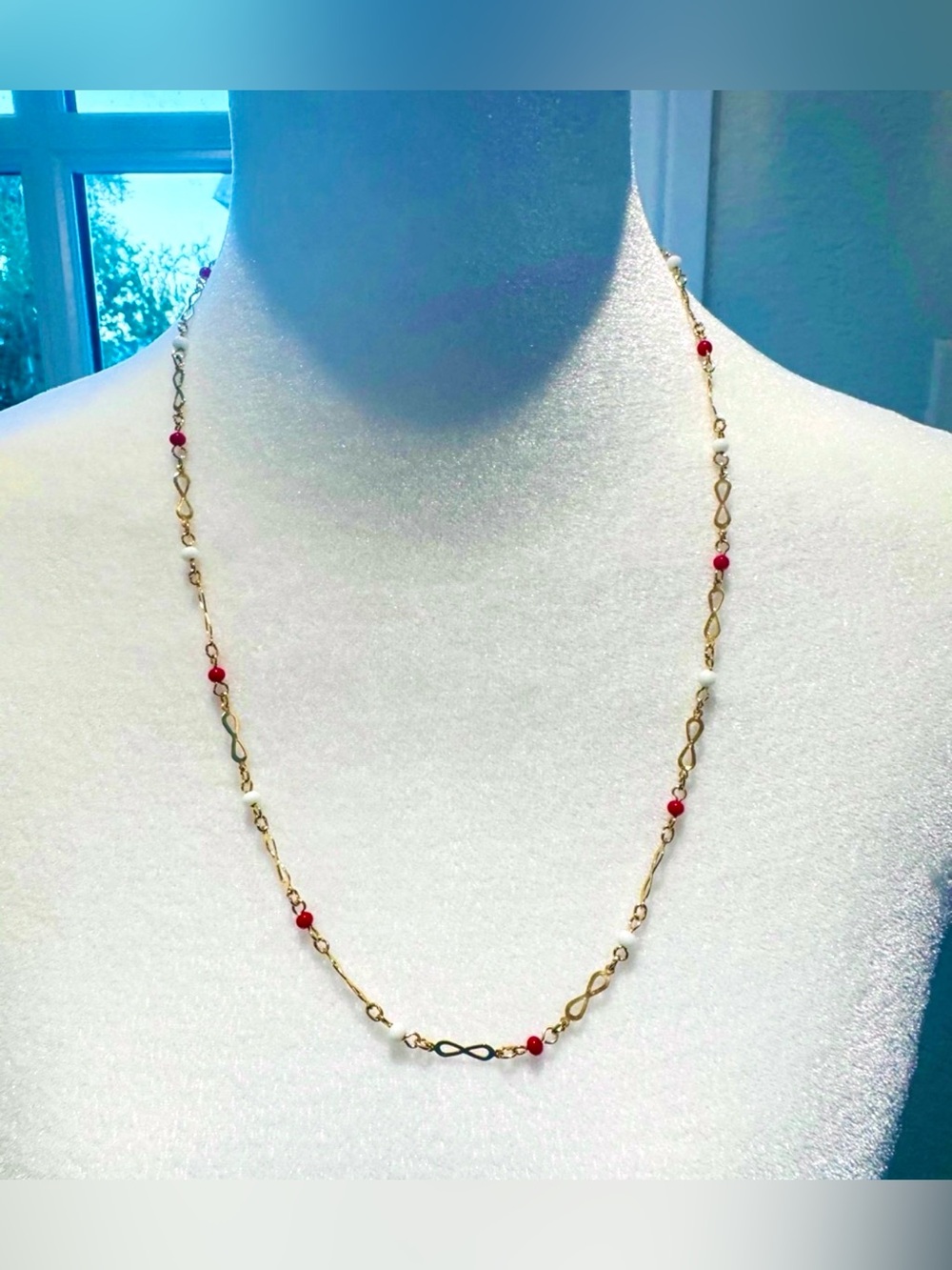 Vintage 20” Gold-Tone Station Chain Necklace Red & White Beads